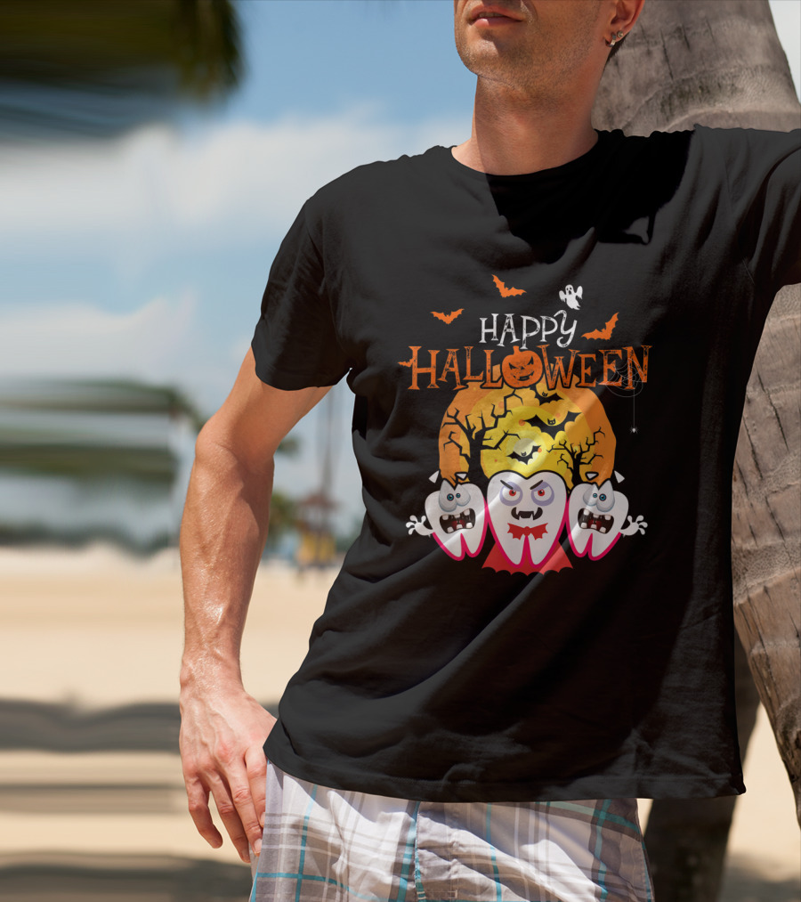 Happy Halloween Scary Dental Teeth With Cracked Moon And Bats T-Shirt