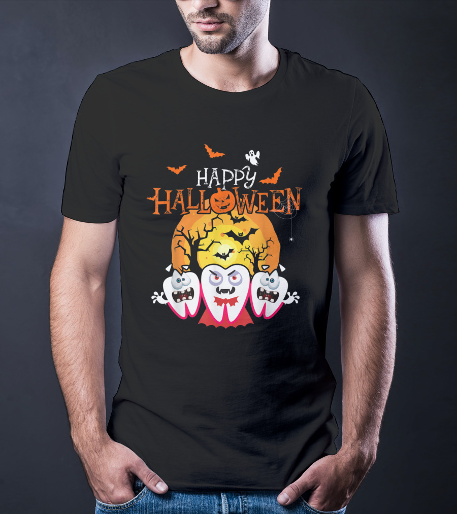 Happy Halloween Scary Dental Teeth With Cracked Moon And Bats T-Shirt