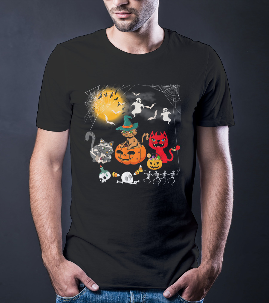 Halloween Funny Cat Lover With Witch Cat And Devil Cat T-Shirt