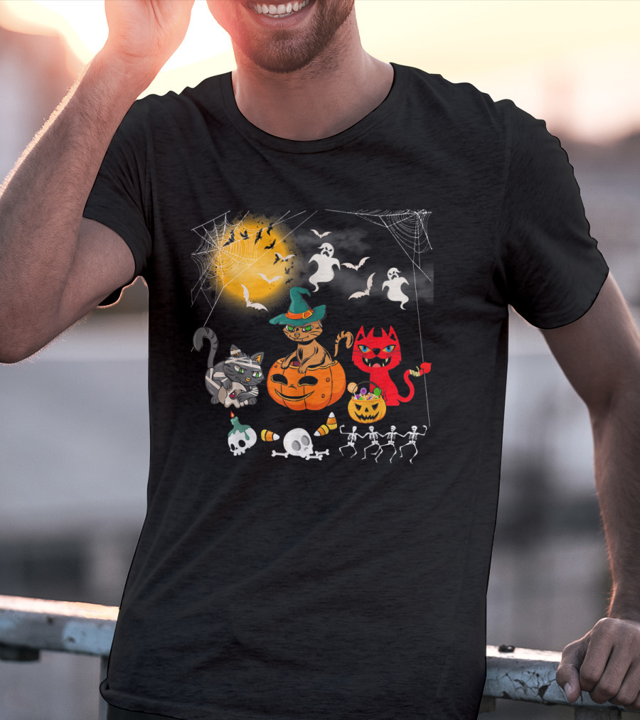 Halloween Funny Cat Lover With Witch Cat And Devil Cat T-Shirt