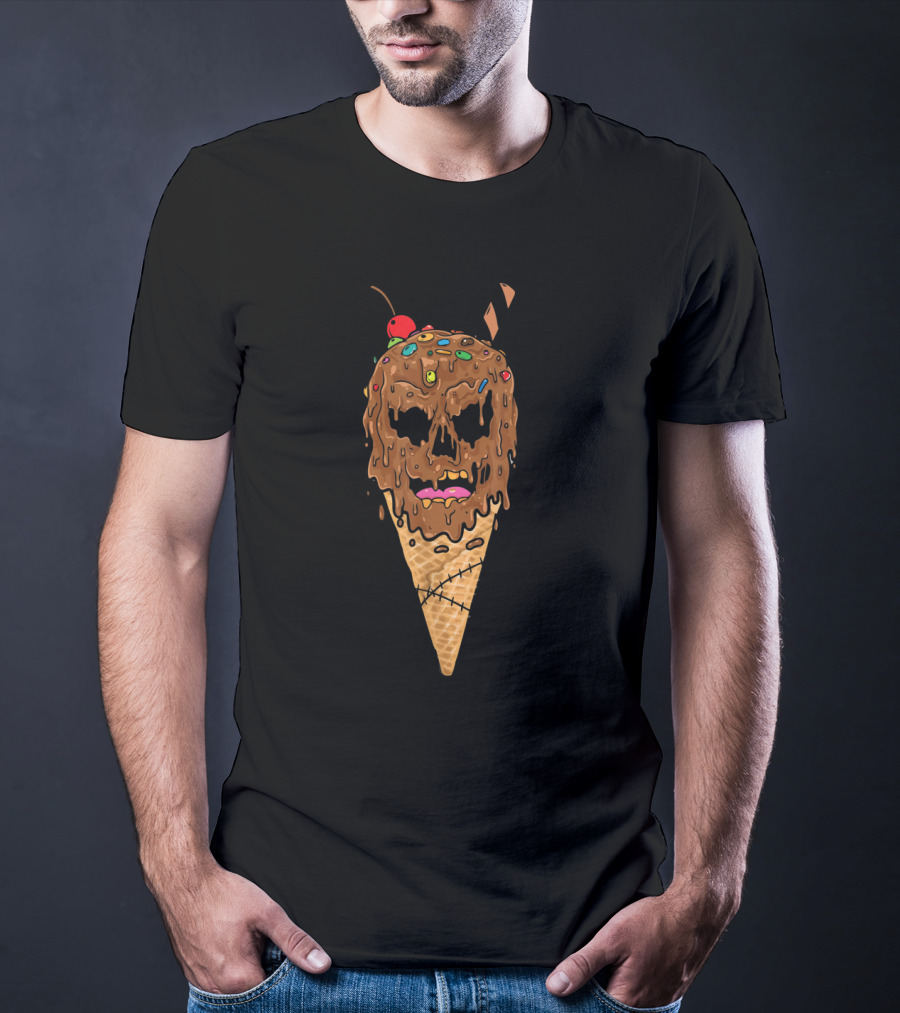Melting Skeleton Ice Cream Skull With Cherry And Sprinkles Cone T-Shirt