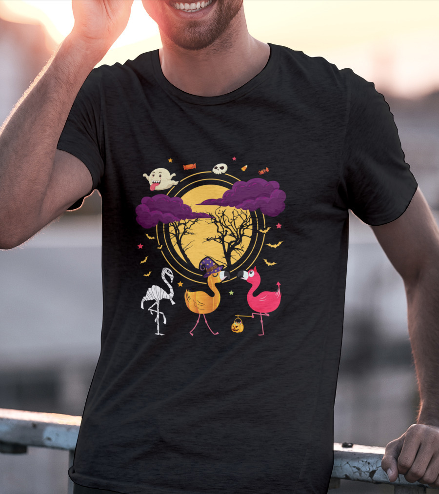 Flamingo Halloween Night With Spooky Duck Skeleton Ghosts Bats Candy Moon T-Shirt