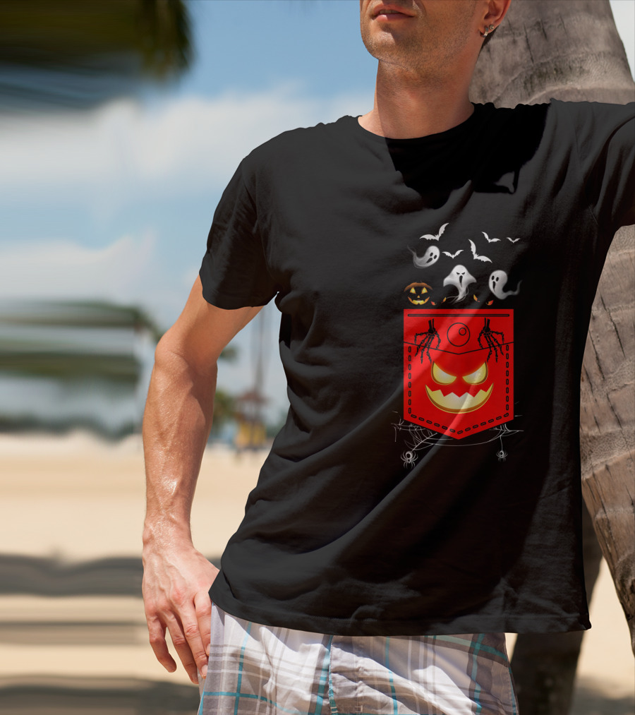Halloween Costume Ghosts Peeking Pocket Pumpkin Bats Skeleton Spiders T-Shirt