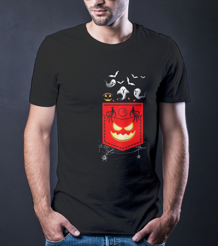 Halloween Costume Ghosts Peeking Pocket Pumpkin Bats Skeleton Spiders T-Shirt