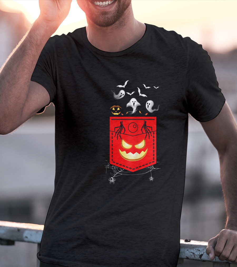 Halloween Costume Ghosts Peeking Pocket Pumpkin Bats Skeleton Spiders T-Shirt