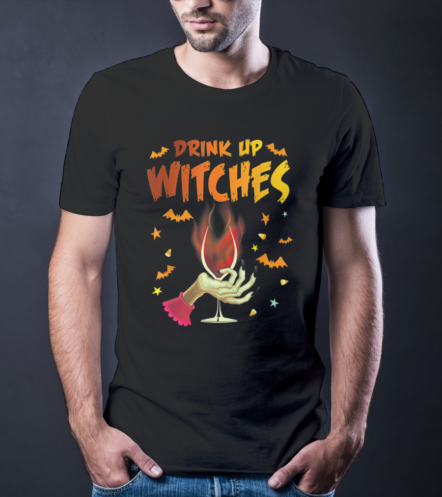 Drink Up Witches Halloween Witch Hand Wine Glass Bat Candy Corn T-Shirt