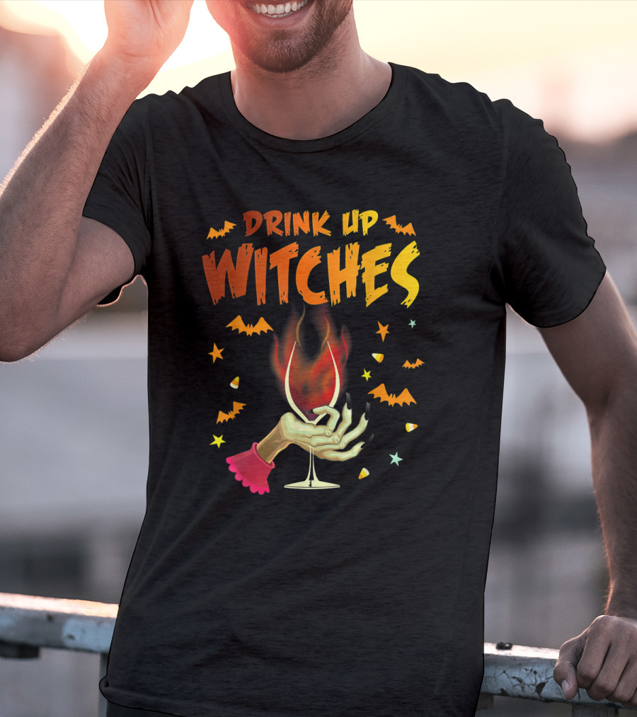 Drink Up Witches Halloween Witch Hand Wine Glass Bat Candy Corn T-Shirt