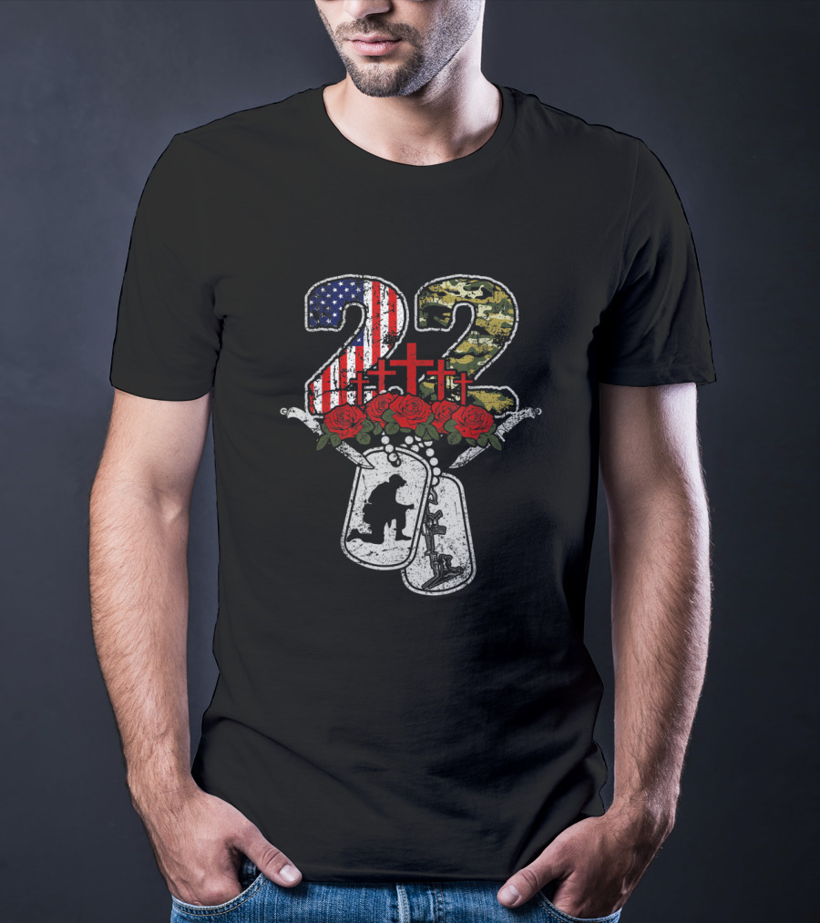 22 Each Day Soldier Veteran PTSD Awareness Dog Tags Roses Crosses American Flag Camo T-Shirt