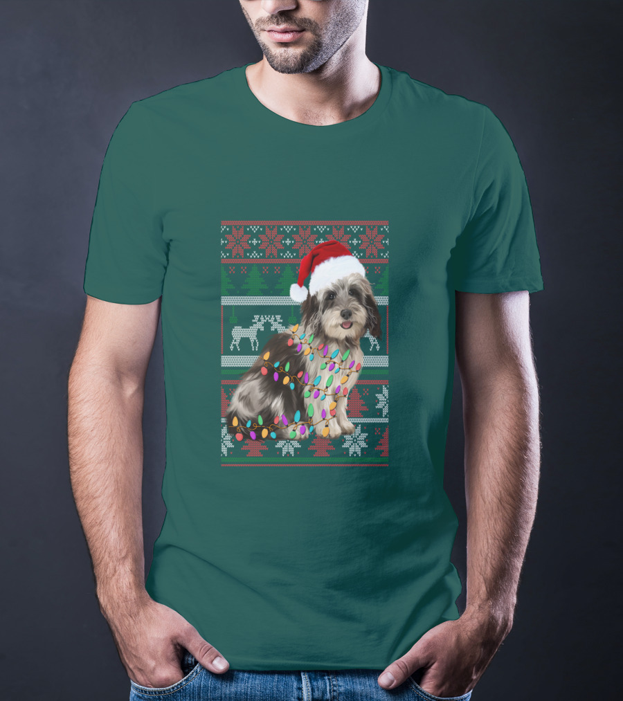 Havanese Festive Christmas Lights Santa Hat Ugly T-Shirt