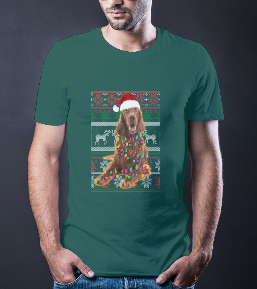 Christmas Irish Setter Reindeer Santa Hat Lights T-Shirt