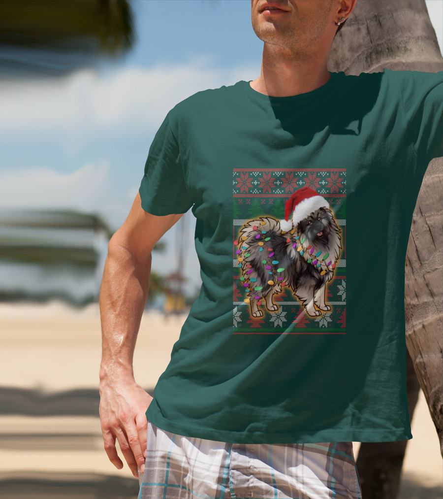 Keeshond Christmas Santa Hat And Lights Festive T-Shirt