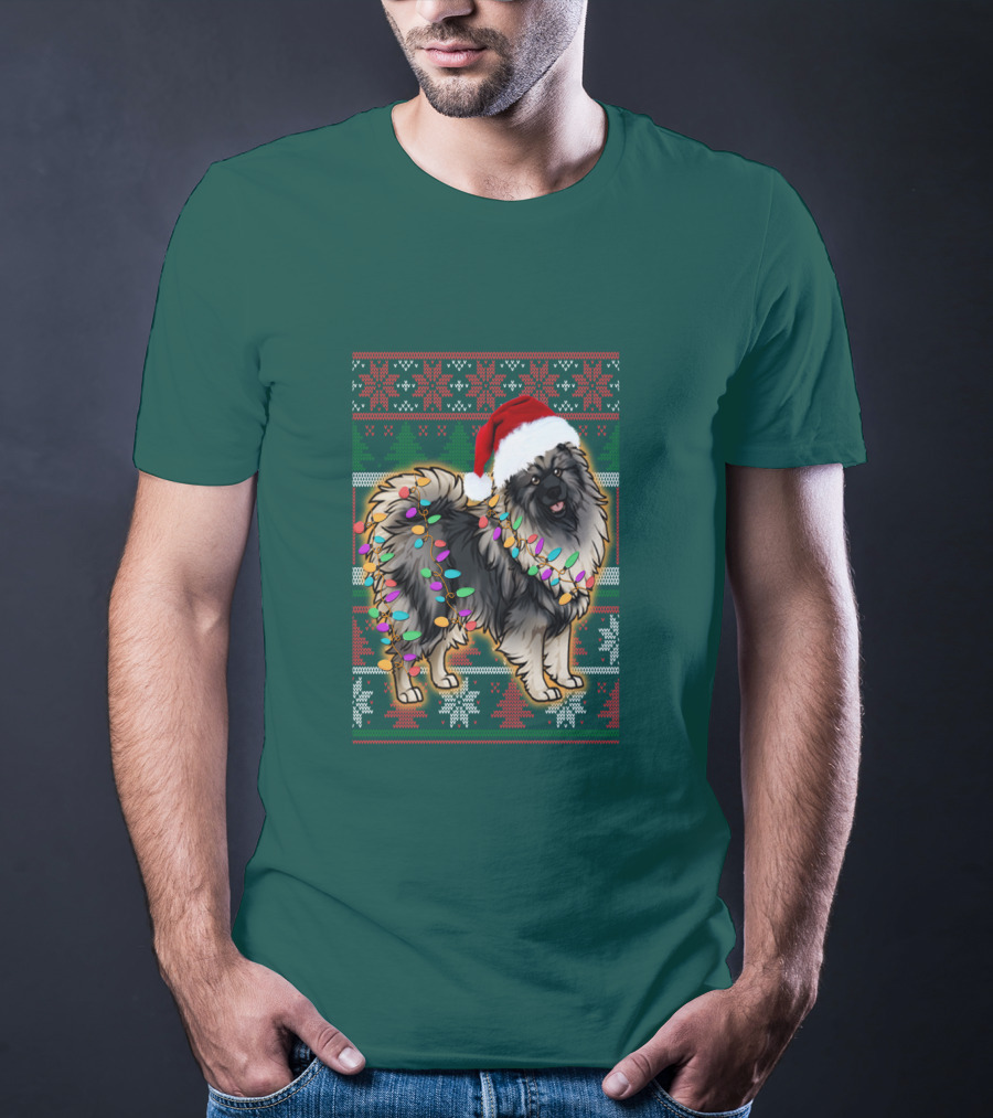 Keeshond Christmas Santa Hat And Lights Festive T-Shirt