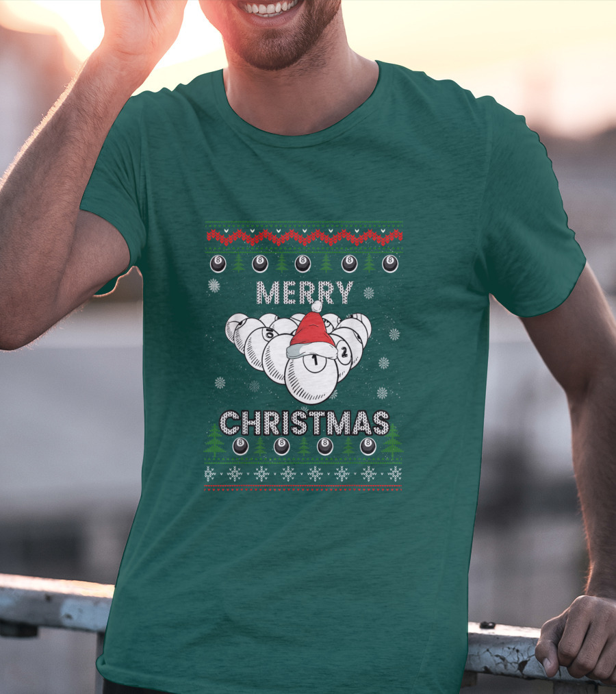 Merry Christmas Santa Hat Billiards Pool Balls Holiday Snowflakes T-Shirt