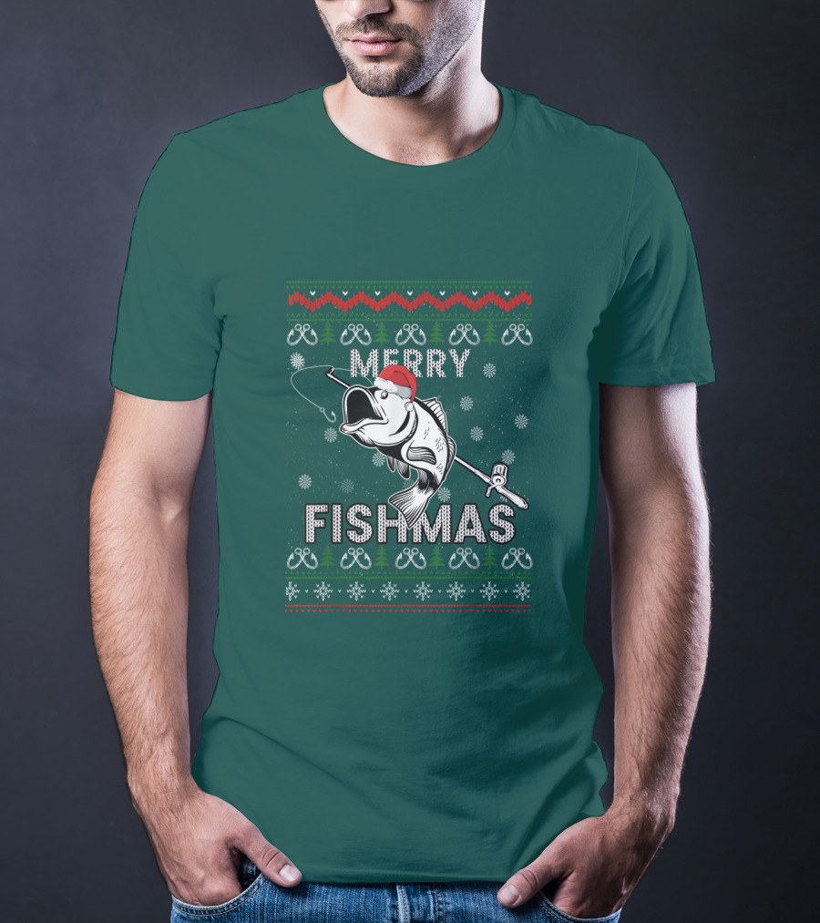 Merry Fishmas Fishing Santa Hat Bass Ugly Christmas T-Shirt