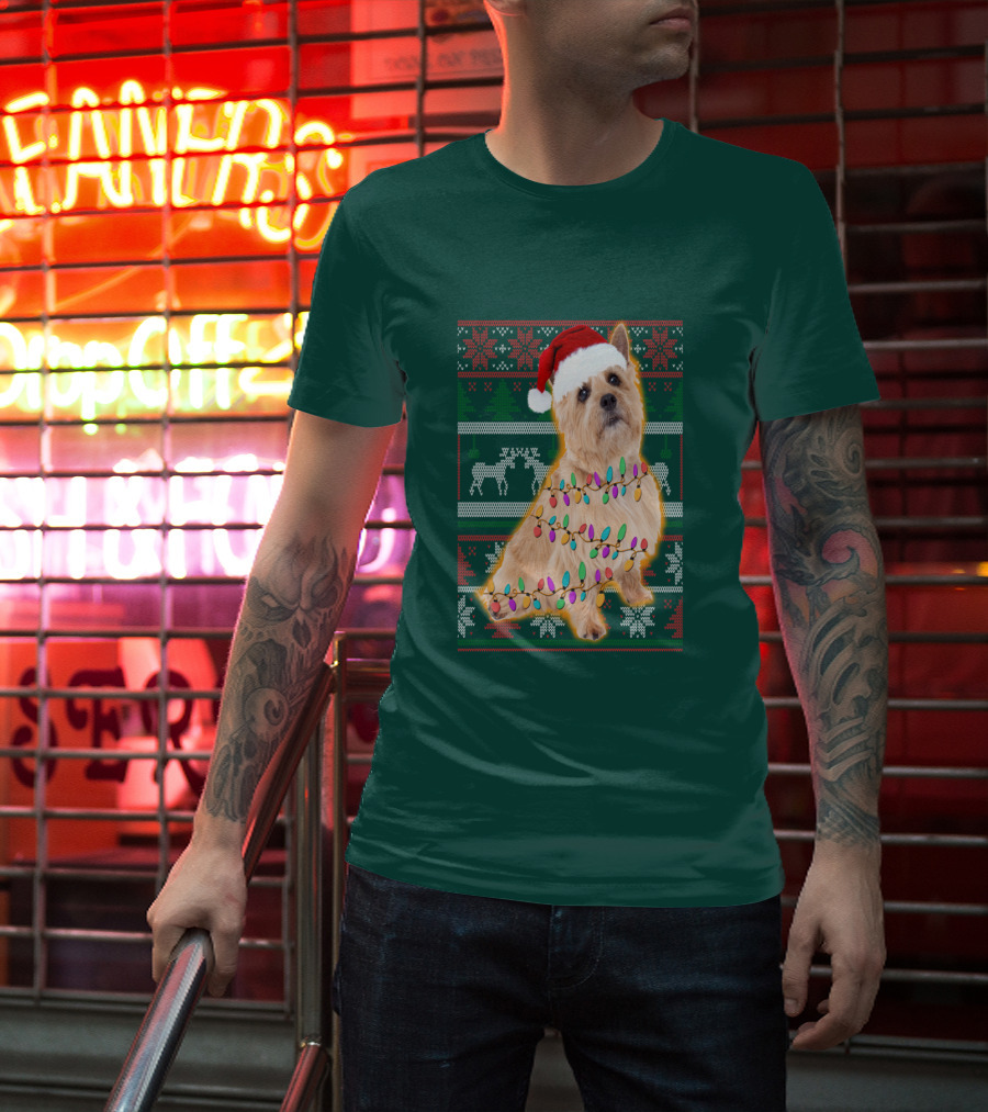 Norfolk Terrier Christmas Lights Sweater Santa Hat T-Shirt
