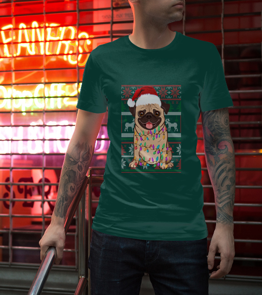 Pug Christmas Santa Hat Holiday Lights Sweater Reindeer T-Shirt