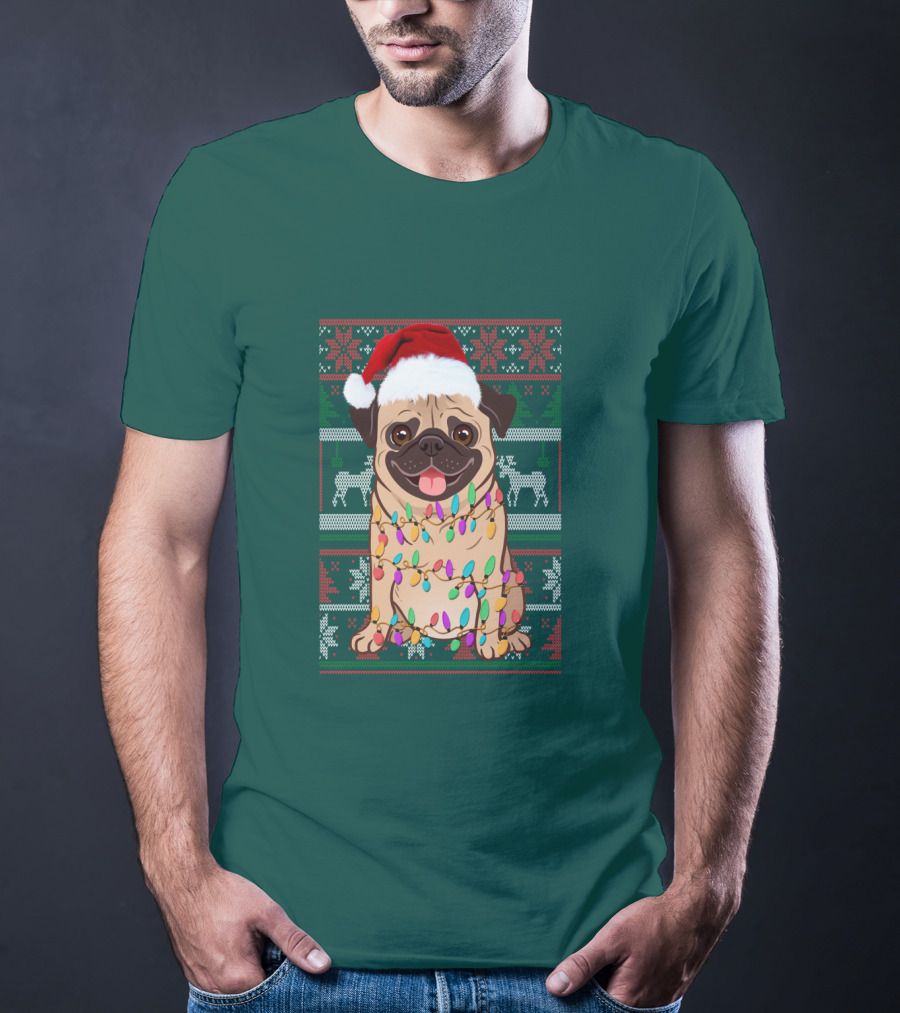 Pug Christmas Santa Hat Holiday Lights Sweater Reindeer T-Shirt