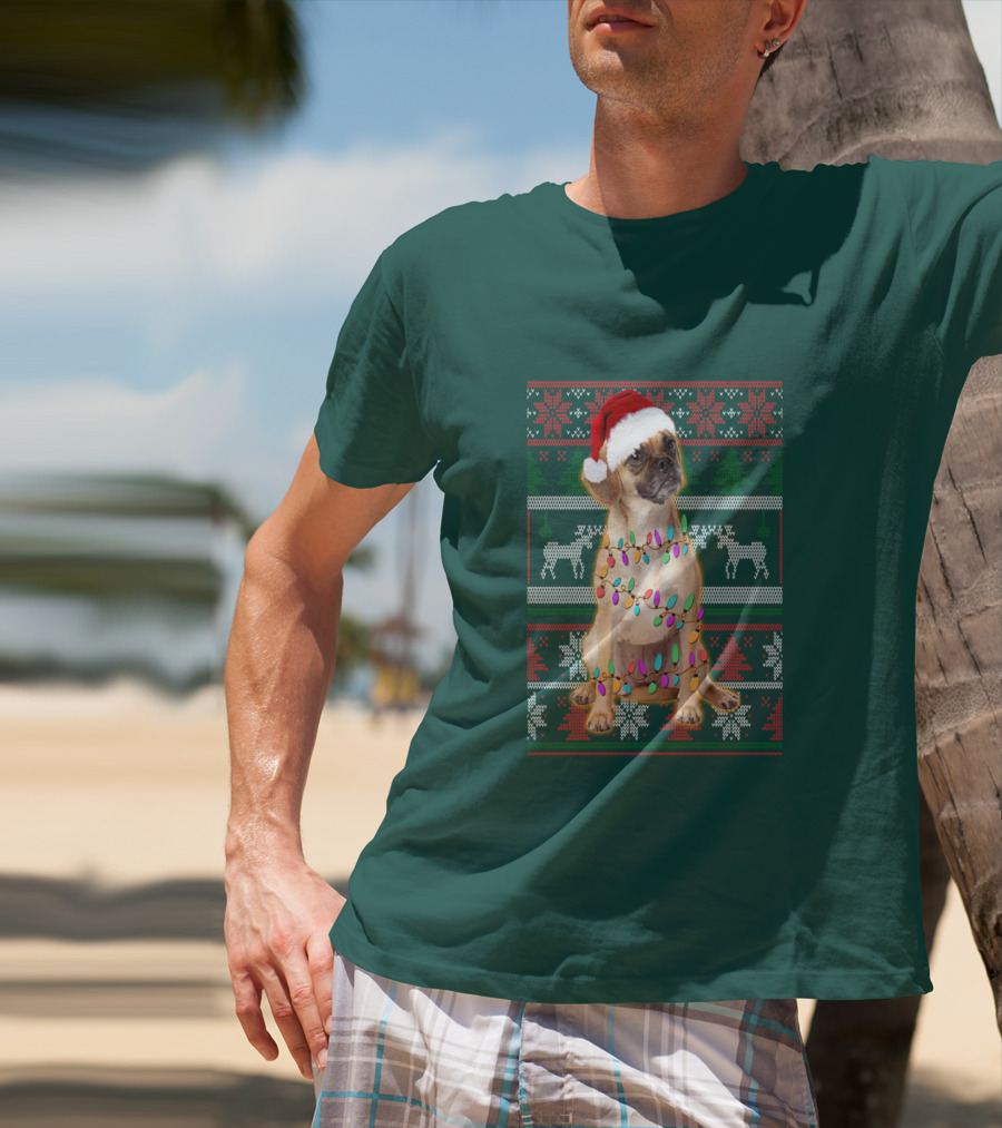 Puggle Christmas Santa Hat With Holiday Lights T-Shirt
