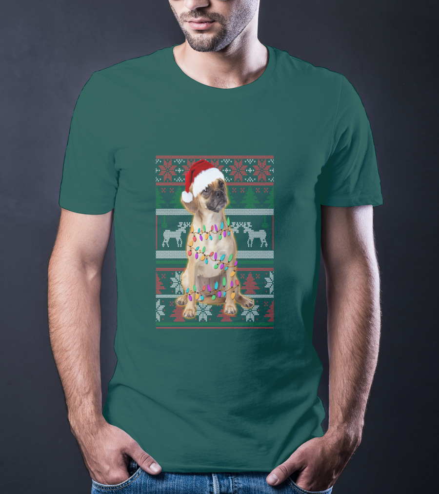 Puggle Christmas Santa Hat With Holiday Lights T-Shirt