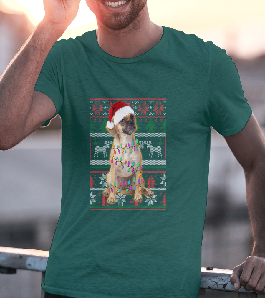 Puggle Christmas Santa Hat With Holiday Lights T-Shirt