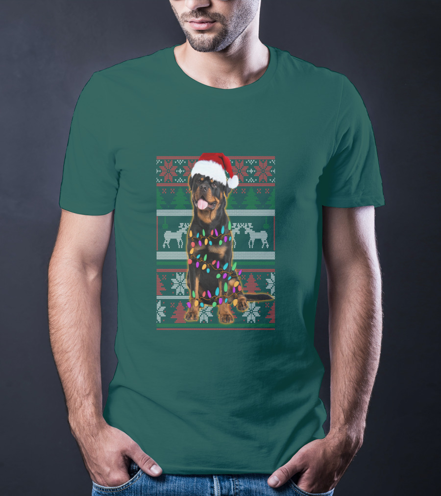 Rottweiler Christmas Lights Ugly Sweater Santa Hat Reindeer Snowflakes T-Shirt