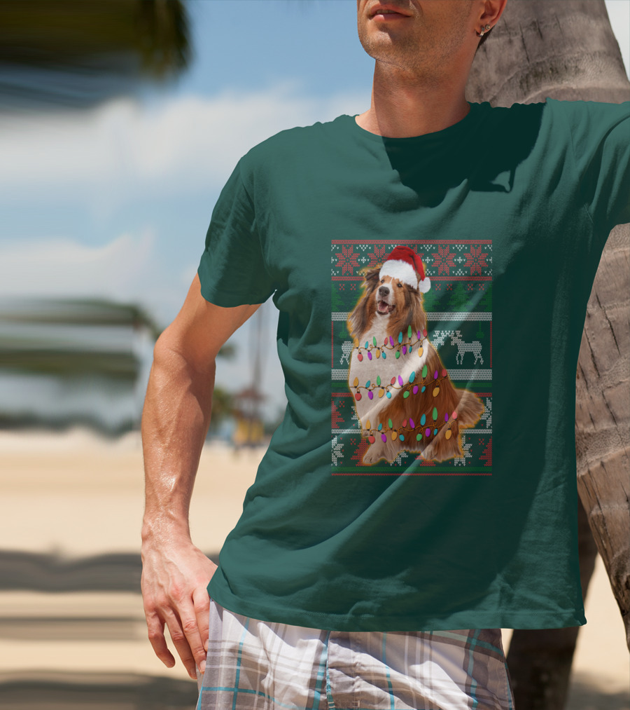 Shetland Sheepdog Christmas Lights Sweater Santa Hat Holiday Festive T-Shirt