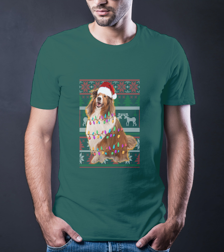 Shetland Sheepdog Christmas Lights Sweater Santa Hat Holiday Festive T-Shirt