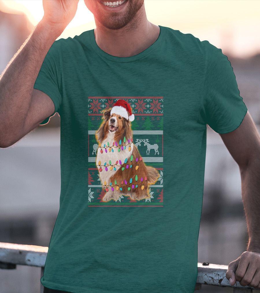 Shetland Sheepdog Christmas Lights Sweater Santa Hat Holiday Festive T-Shirt