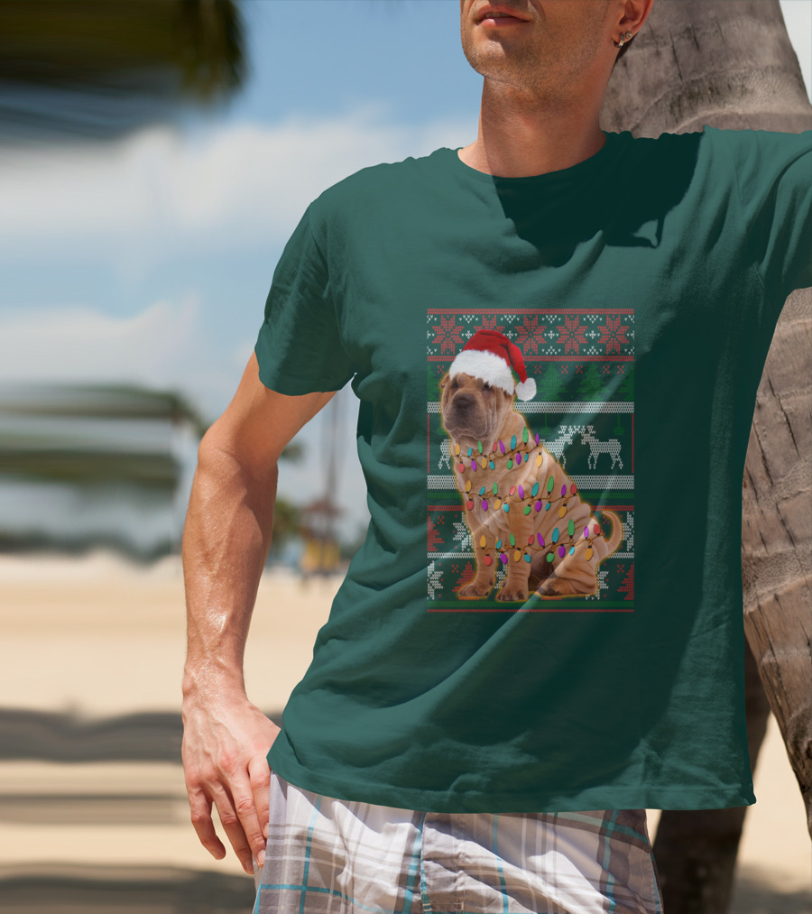 Shar Pei Christmas Lights Santa Hat Puppy T-Shirt