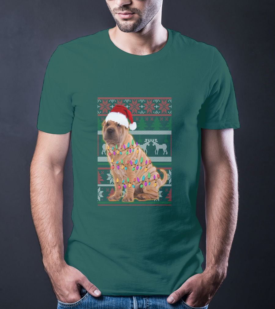 Shar Pei Christmas Lights Santa Hat Puppy T-Shirt