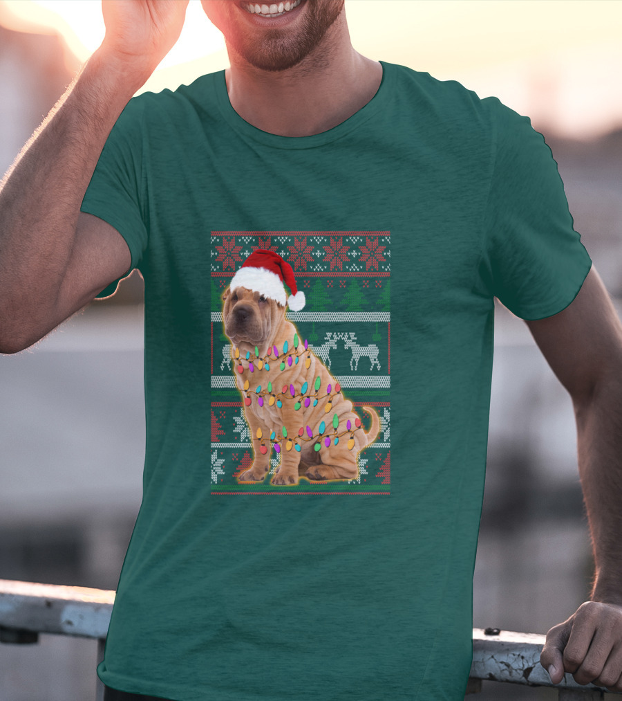 Shar Pei Christmas Lights Santa Hat Puppy T-Shirt