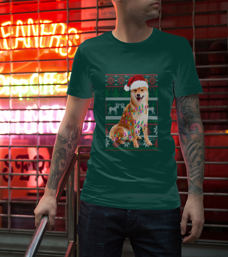 Shiba Inu Christmas Sweater Lights Santa Hat T-Shirt