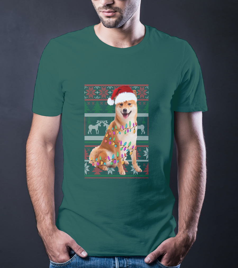 Shiba Inu Christmas Sweater Lights Santa Hat T-Shirt