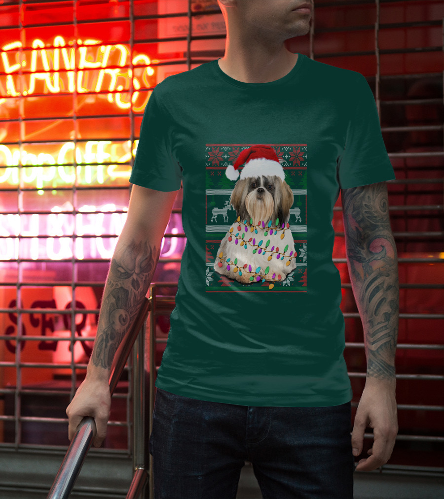 Shih Tzu Christmas Lights Santa Hat Holiday T-Shirt