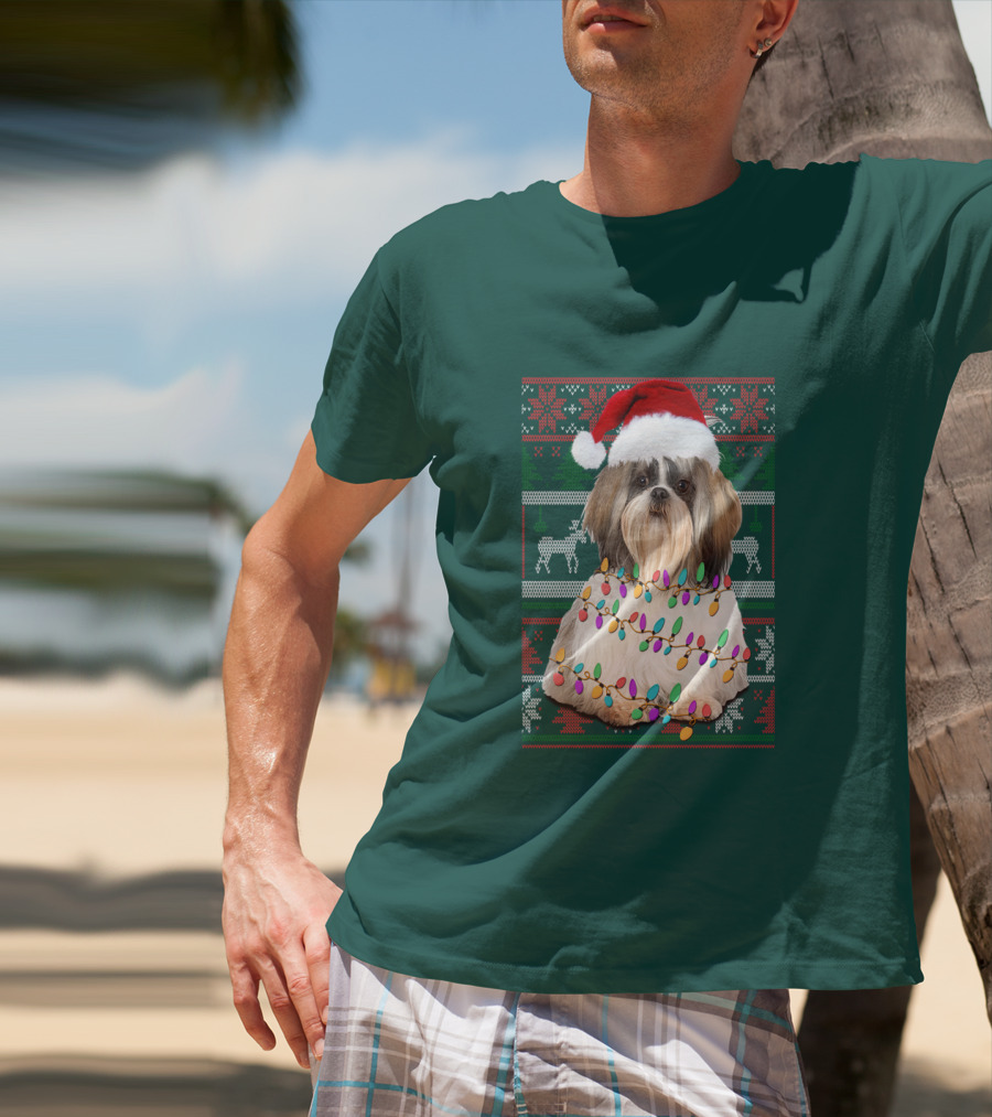 Shih Tzu Christmas Lights Santa Hat Holiday T-Shirt