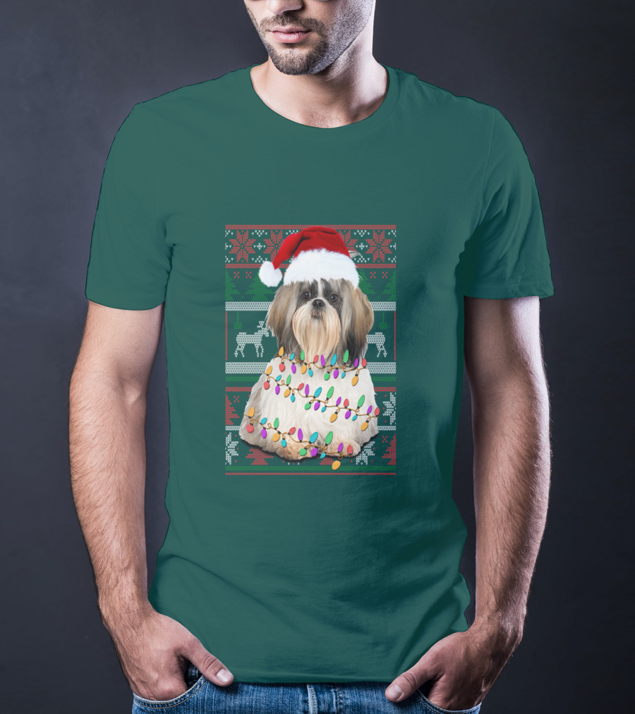 Shih Tzu Christmas Lights Santa Hat Holiday T-Shirt