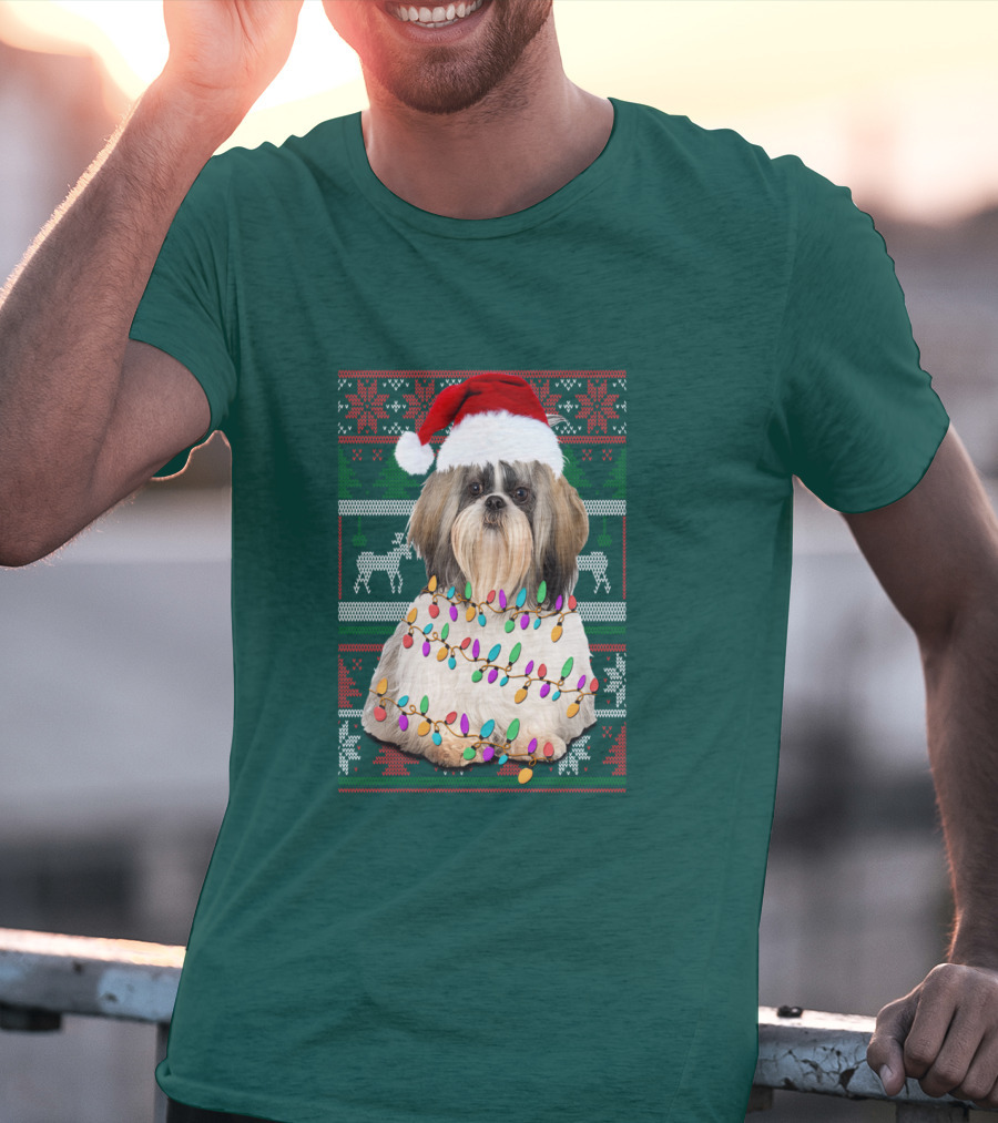 Shih Tzu Christmas Lights Santa Hat Holiday T-Shirt