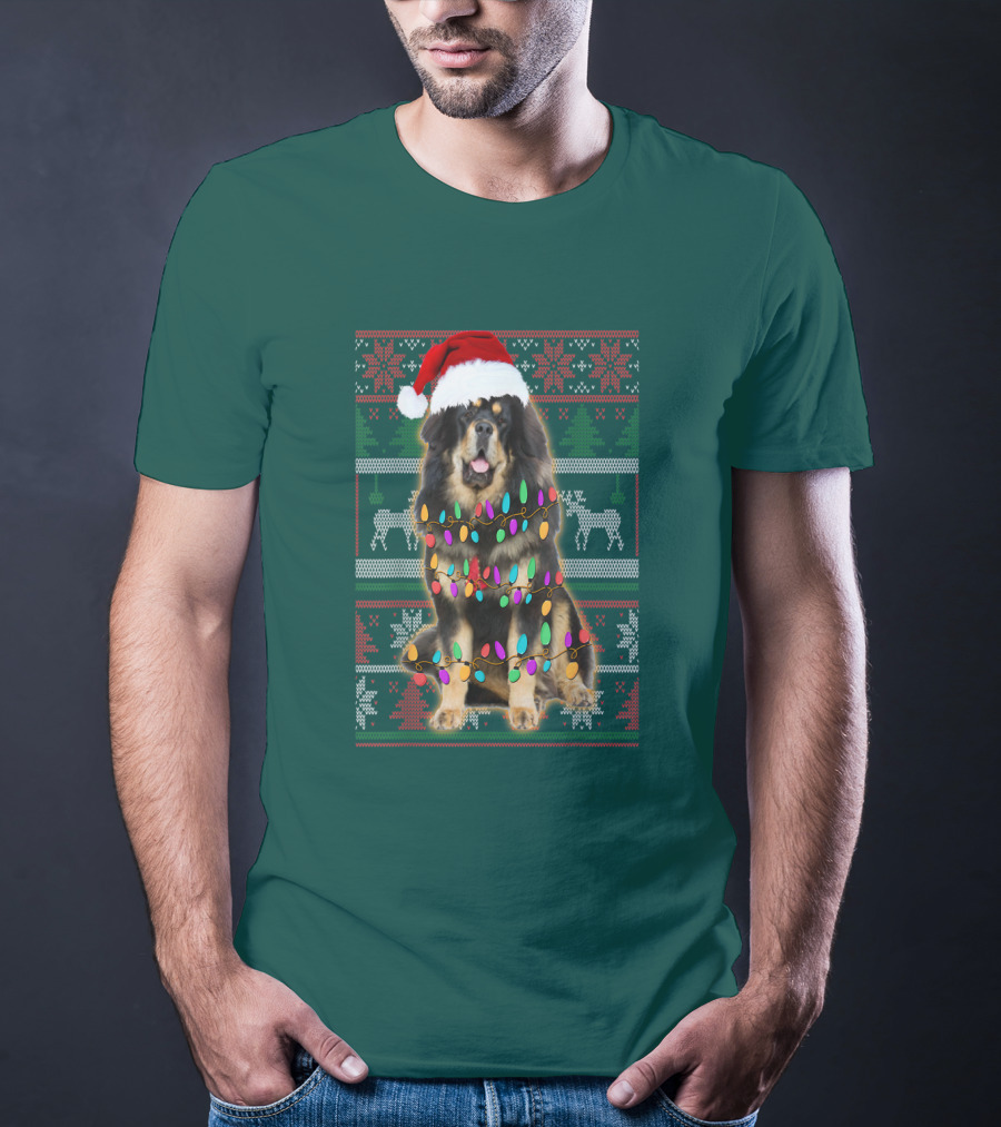 Tibetan Mastiff Christmas Sweater With Lights And Santa Hat T-Shirt