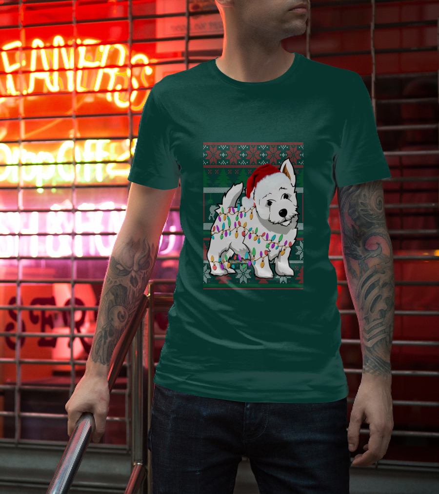 West Highland White Terrier Christmas Lights Ugly Sweater Santa Hat T-Shirt