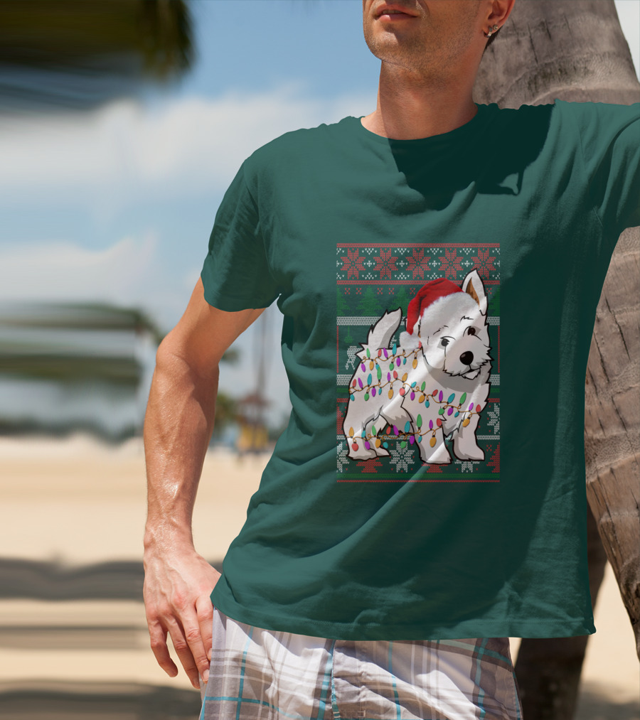 West Highland White Terrier Christmas Lights Ugly Sweater Santa Hat T-Shirt