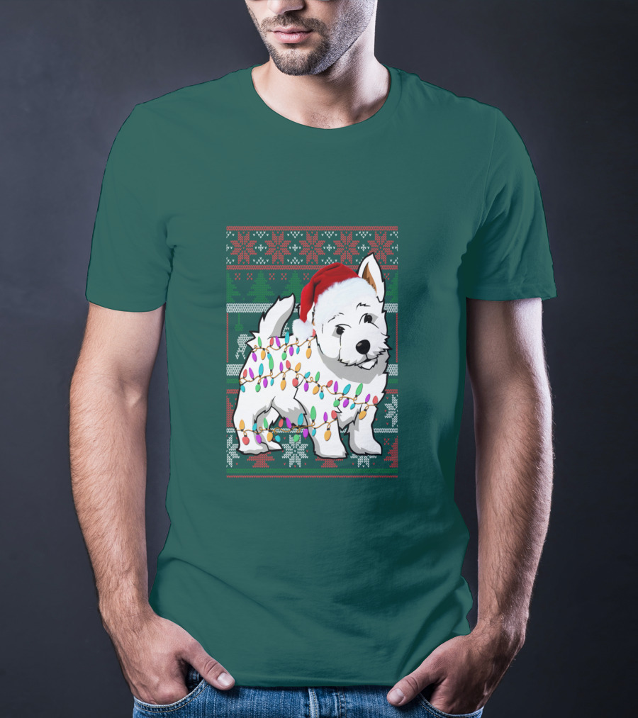 West Highland White Terrier Christmas Lights Ugly Sweater Santa Hat T-Shirt