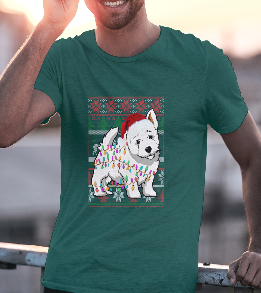 West Highland White Terrier Christmas Lights Ugly Sweater Santa Hat T-Shirt
