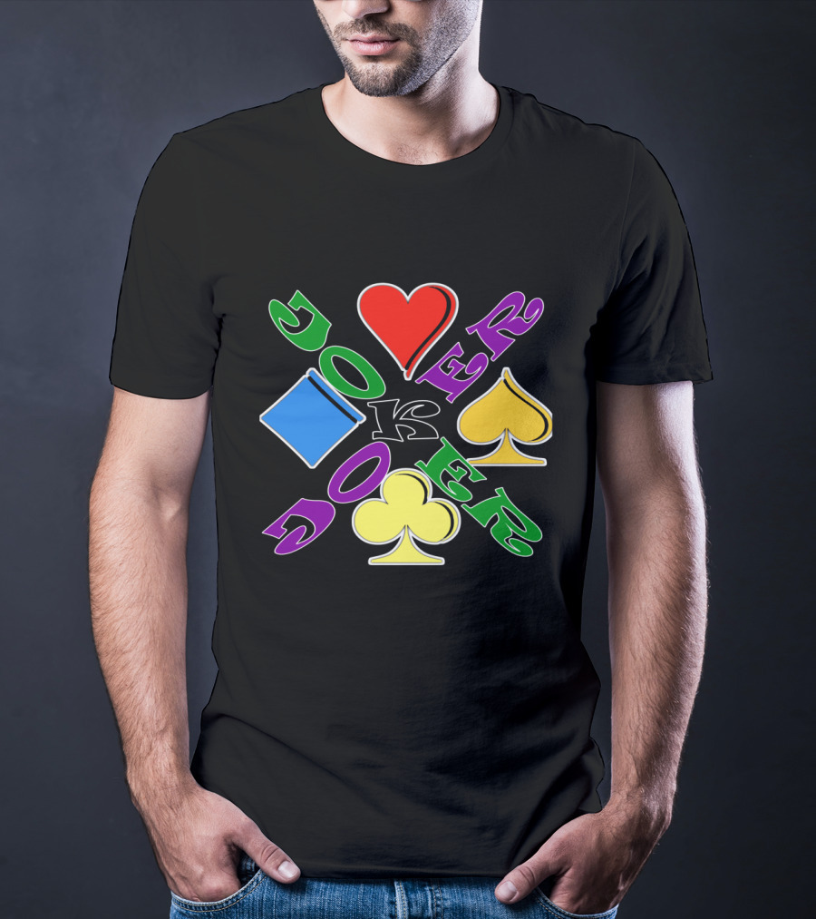 Rainbow Colored Joker Heart Spade Club Diamond Playing Cards T-Shirt