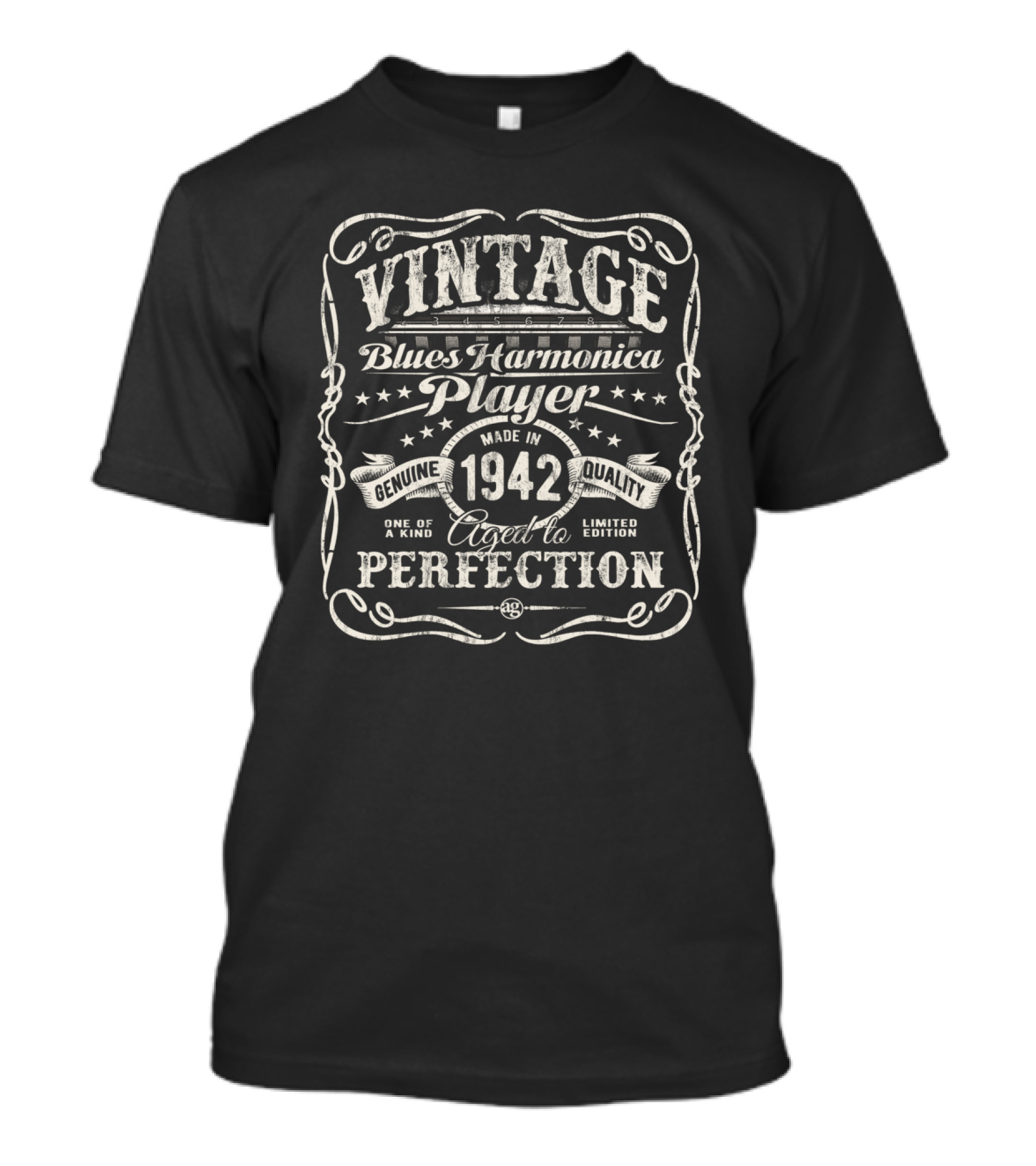Vintage Blues Harmonica Player Made In 1942 Aged To Perfection Genuine Quality T-Shirt