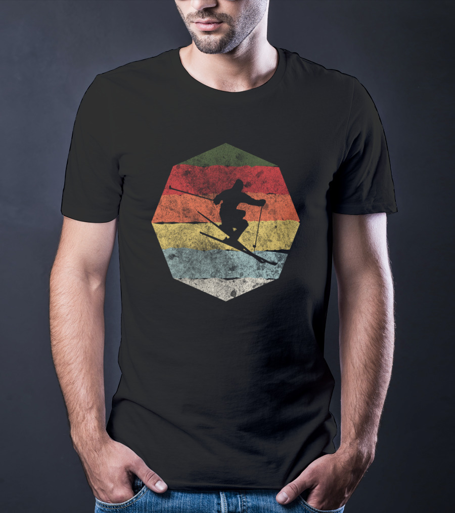 Vintage Winter Skier Birthday Hexagonal Retro Stripes T-Shirt