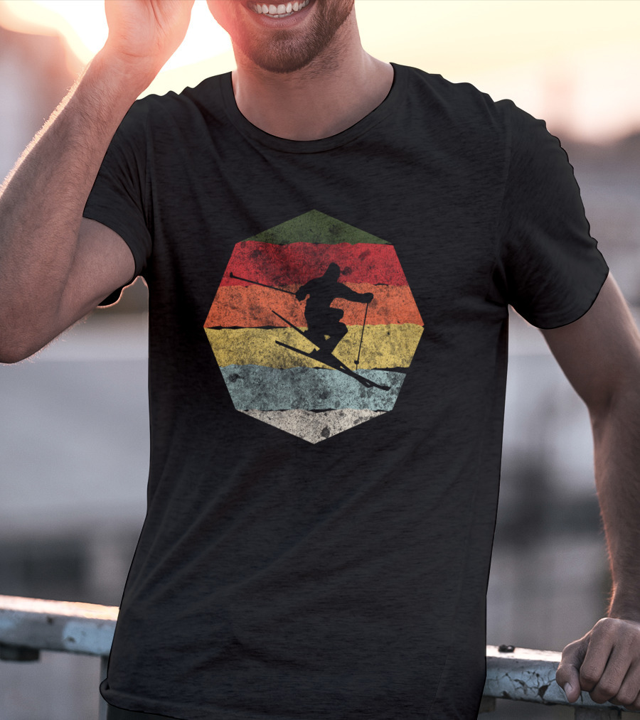 Vintage Winter Skier Birthday Hexagonal Retro Stripes T-Shirt