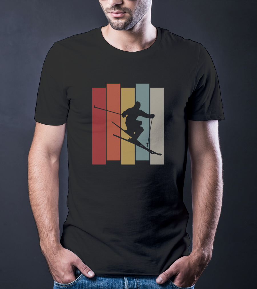 Vintage Skiing Silhouette On Colorful Retro Stripes T-Shirt