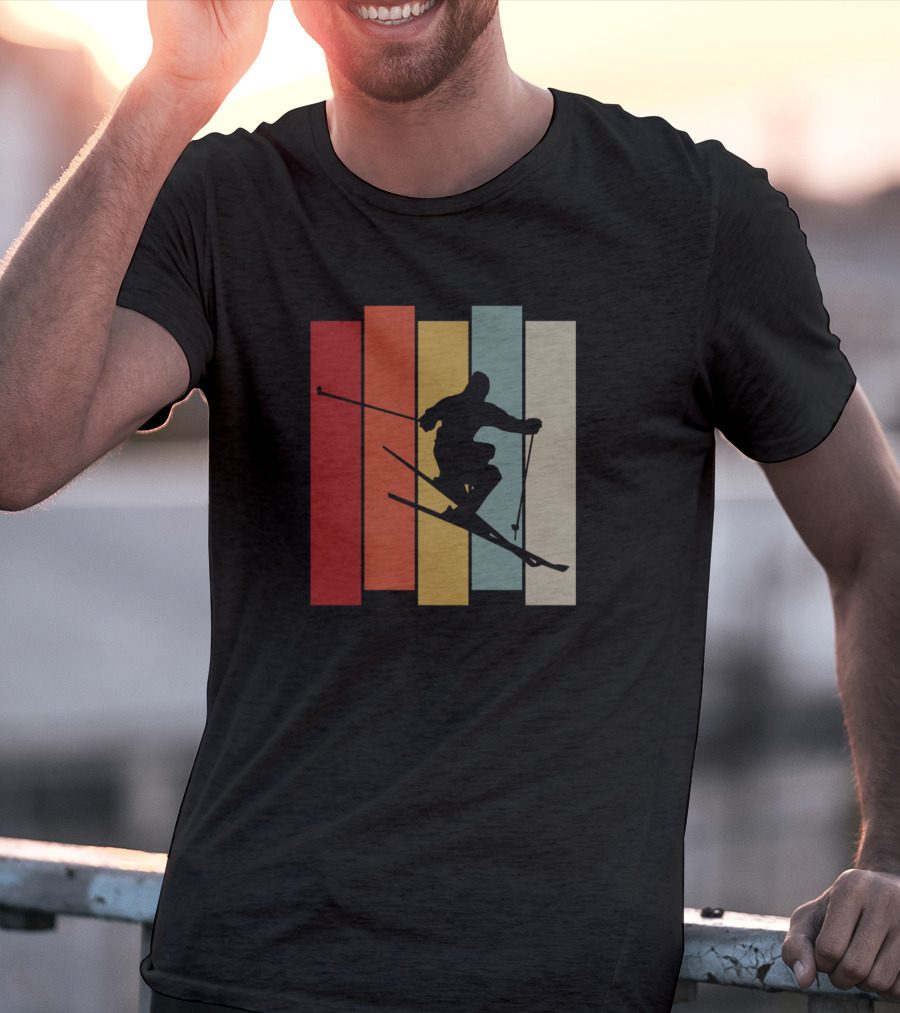 Vintage Skiing Silhouette On Colorful Retro Stripes T-Shirt