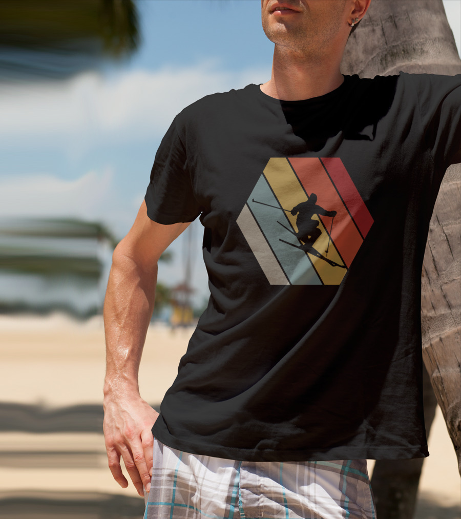 Funny Vintage Skier Hexagonal Stripes Winter T-Shirt