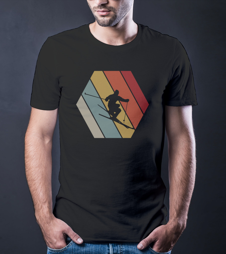 Funny Vintage Skier Hexagonal Stripes Winter T-Shirt